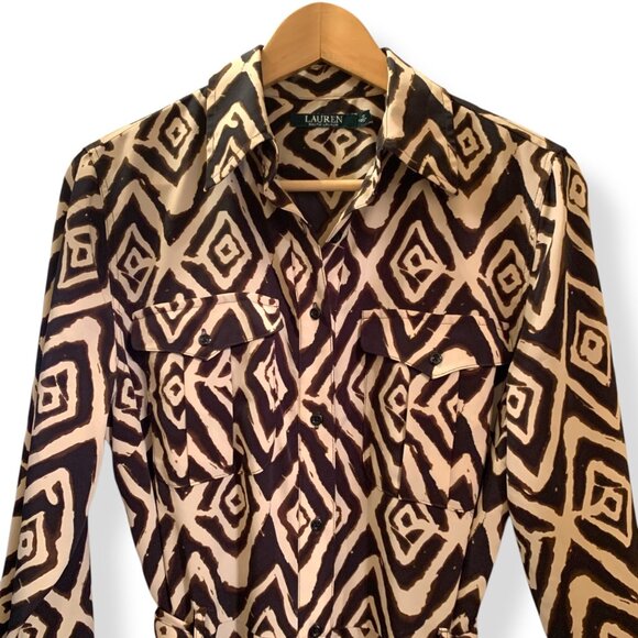 Lauren Ralph Lauren Ikat Diamond Print Collared Button-Up Sz 10P Dress W/ B - Picture 3 of 9